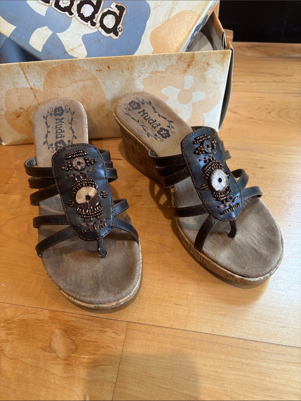 Mudd Dark Brown Beaded Cork Wedge Sandals - Picture 4 of 9